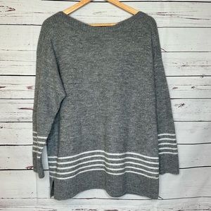 DKNY | Varsity Stripes Soft Cozy Sweater | Gray with White Stripes